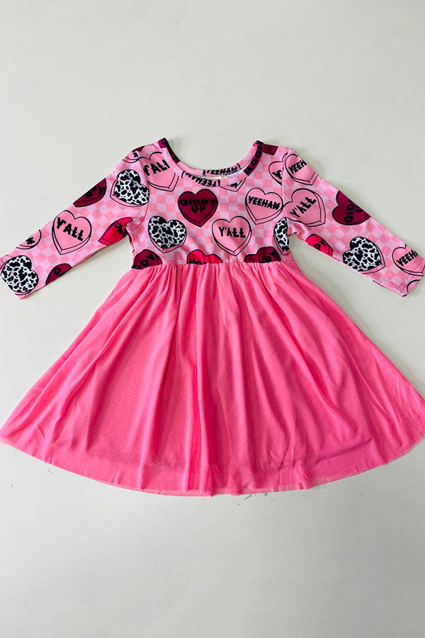 XCH0017-16H Girls hearts printed pink tulle long sleeve dress