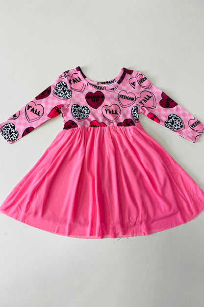XCH0017-16H Girls hearts printed pink tulle long sleeve dress