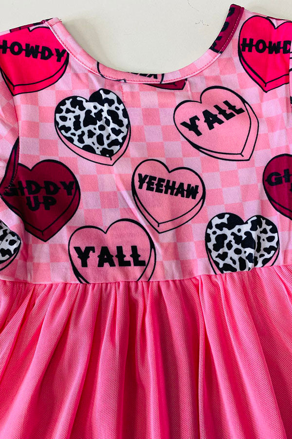 XCH0017-16H Girls hearts printed pink tulle long sleeve dress