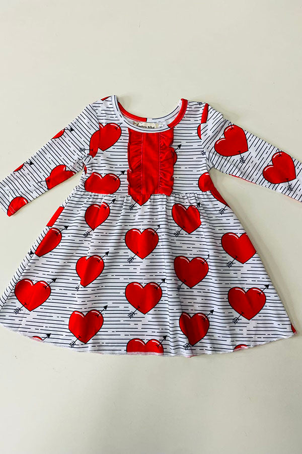 XCH0017-15H Kids red hearts & stripe printed long sleeve girls  dress w/front ruffle