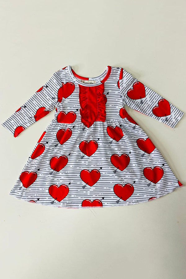 XCH0017-15H Kids red hearts & stripe printed long sleeve girls  dress w/front ruffle