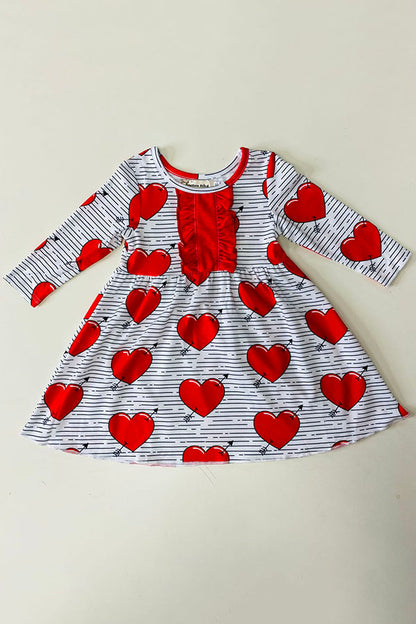 XCH0017-15H Kids red hearts & stripe printed long sleeve girls  dress w/front ruffle