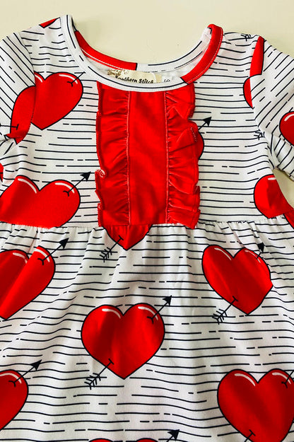 XCH0017-15H Red hearts & stripe printed long sleeve girls dress w/front ruffle
