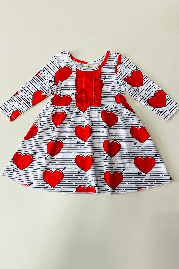 XCH0017-15H Kids red hearts & stripe printed long sleeve girls  dress w/front ruffle