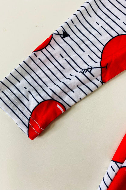 XCH0017-15H Red hearts & stripe printed long sleeve girls dress w/front ruffle