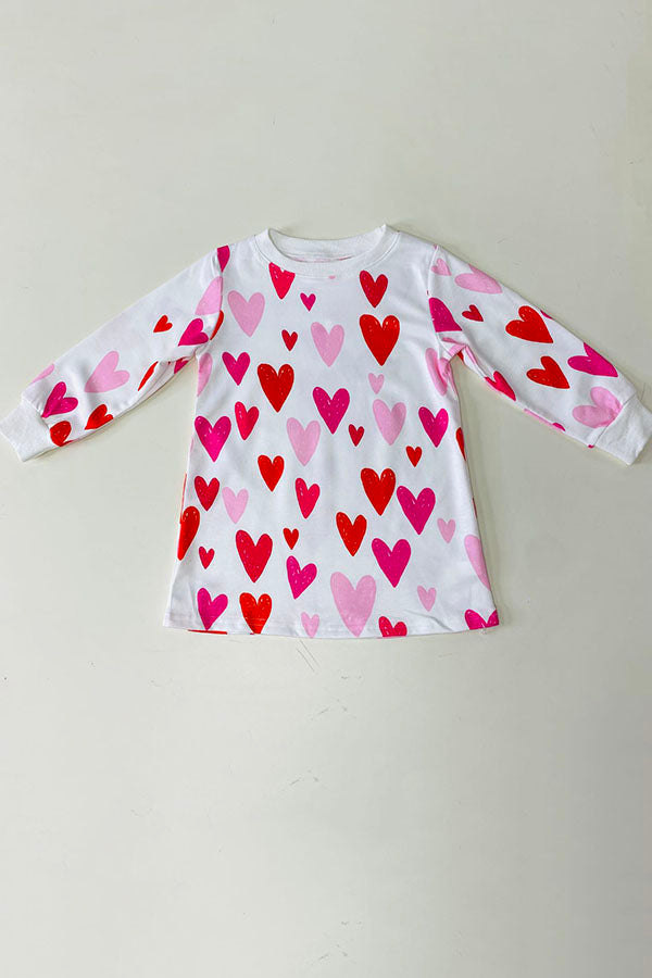 Red Pink hearts print long sleeve girls dress DLH2580