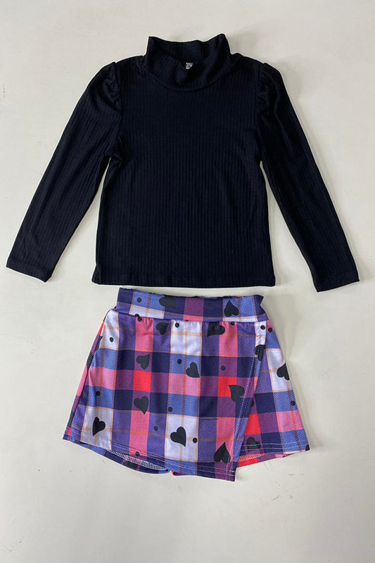 DLH2840 Knitted black puff long sleeve top & plaid shorts 2pc girls sets