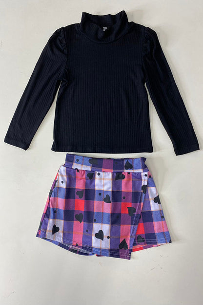 DLH2840 Knitted black puff long sleeve top & plaid shorts 2pc girls sets