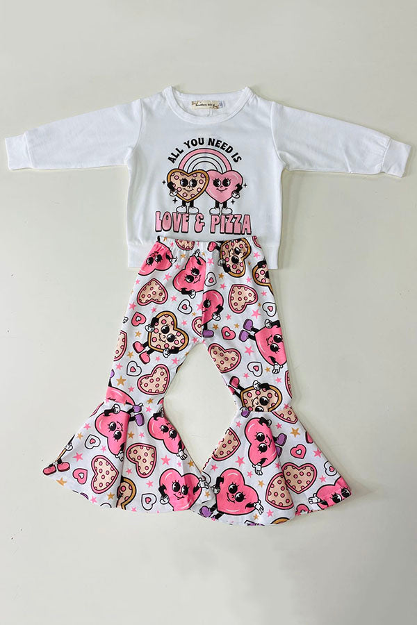 XCH0018-15H Kids "ALL YOU NEED IS LOVE A PIAAZ" top hearts printed bell bottom 2pc sets