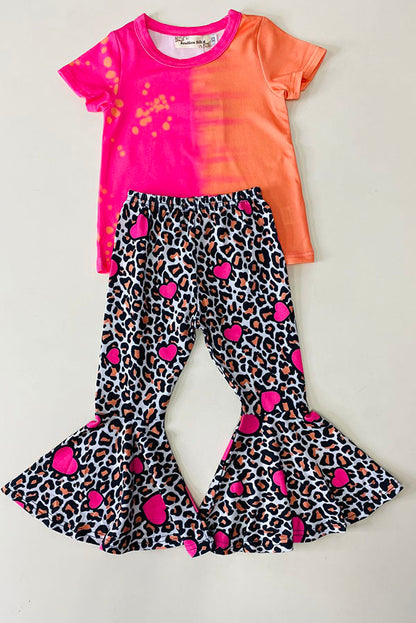 XCH0018-22 Pink & Orange printed top leopard & hearts bell bottom 2pcs girls sets