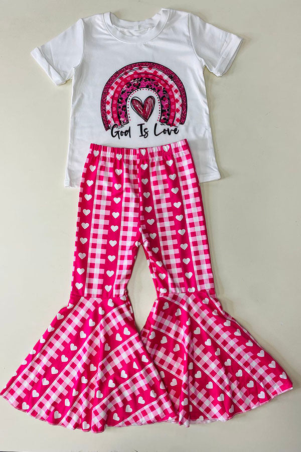 "God is Love" & heart print top & hearts printed pant 2pcs girls sets D2736