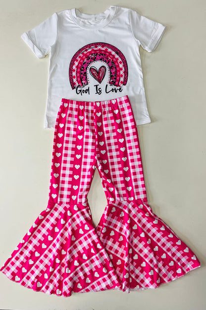 "God is Love" & heart print top & hearts printed pant 2pcs girls sets D2736