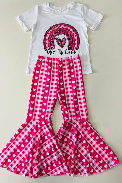 DLH2736 Kids "God is Love" & heart print top bell bottom 2pcs girls sets