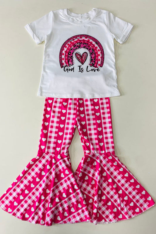 DLH2736 Kids "God is Love" & heart print top bell bottom 2pcs girls sets