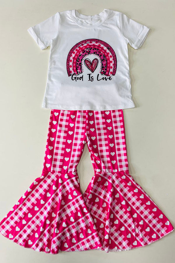 "God is Love" & heart print top & hearts printed pant 2pcs girls sets D2736