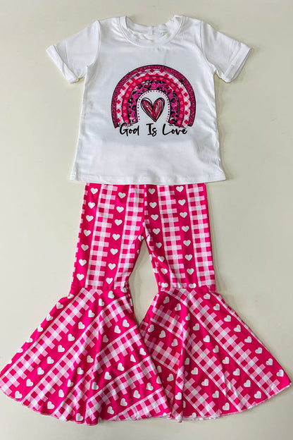 "God is Love" & heart print top & hearts printed pant 2pcs girls sets D2736