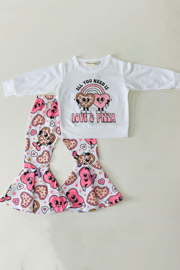 XCH0018-15H Kids "ALL YOU NEED IS LOVE A PIAAZ" top hearts printed bell bottom 2pc sets