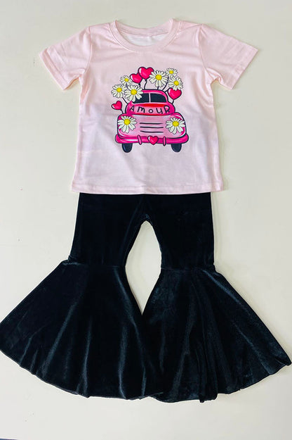 DLH2591 Cute AMOUR car & hearts print top & velvet black bell bottom 2pc girls sets