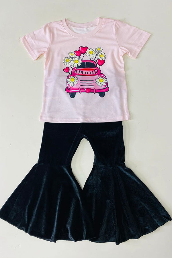 Cute AMOUR car & hearts print top & velvet black bell bottom girls sets D2591