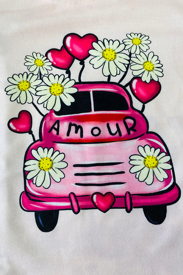 DLH2591 Cute AMOUR car & hearts print top & velvet black bell bottom 2pc girls sets