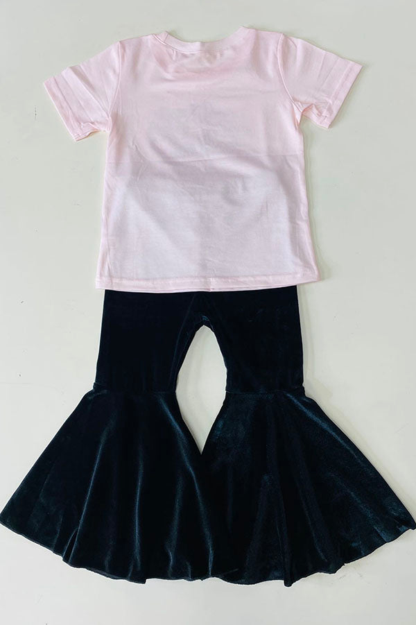 Cute AMOUR car & hearts print top & velvet black bell bottom girls sets D2591