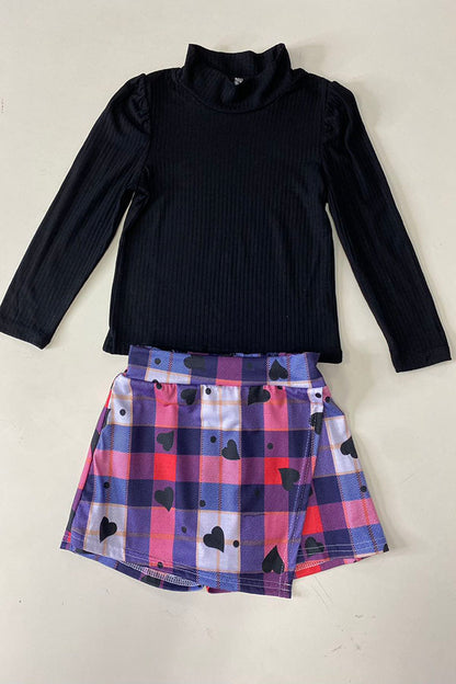 DLH2840 Knitted black puff long sleeve top & plaid shorts 2pc girls sets