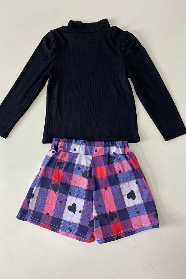 DLH2840 Knitted black puff long sleeve top & plaid shorts 2pc girls sets