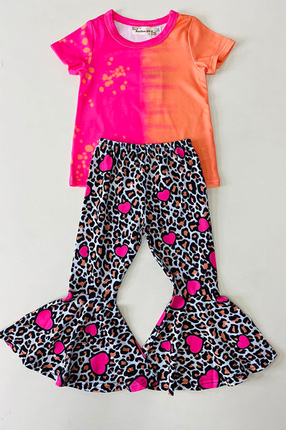 XCH0018-22 Pink & Orange printed top leopard & hearts bell bottom 2pcs girls sets