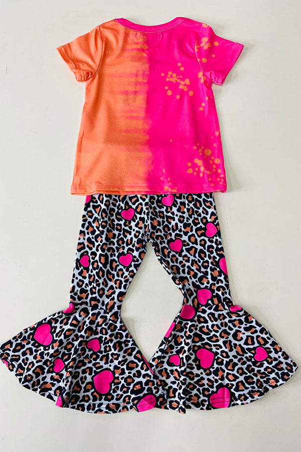 XCH0018-22 Pink & Orange printed top leopard & hearts bell bottom 2pcs girls sets