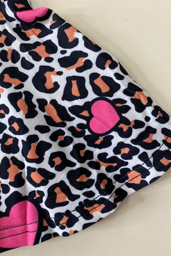 XCH0018-22 Pink & Orange printed top leopard & hearts bell bottom 2pcs girls sets