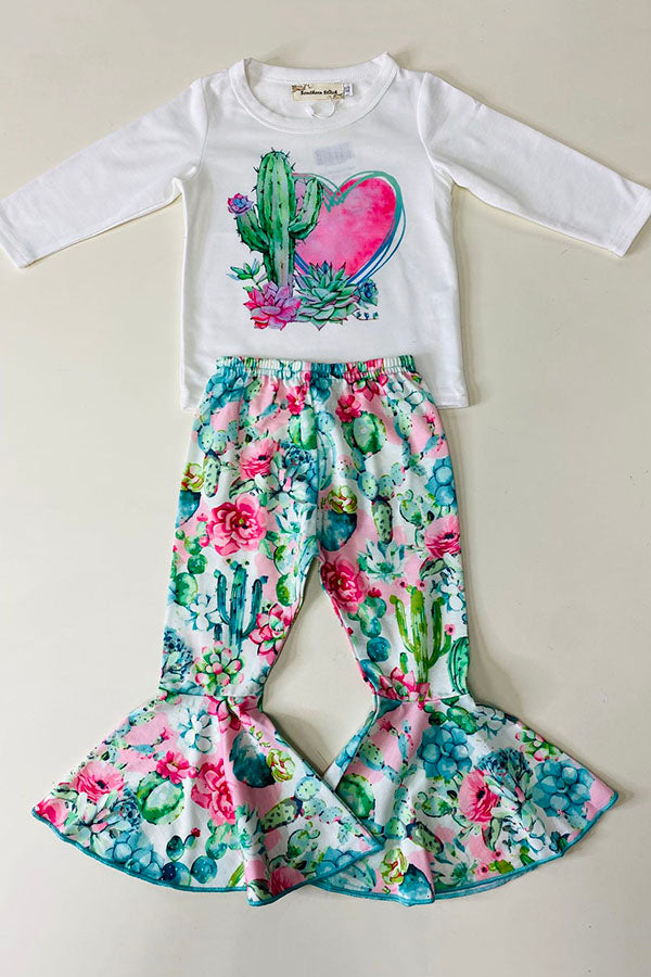 XCH0015-30H Cactus & flower printed top bell bottom 2pcs girls sets