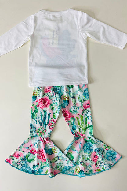 XCH0015-30H Cactus & flower printed top bell bottom 2pcs girls sets