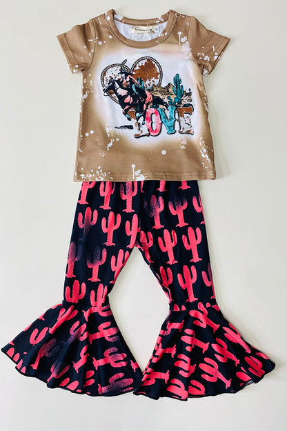 XCH0018-20H LOVE & Riding Printed top & cactus bell bottom western girls sets