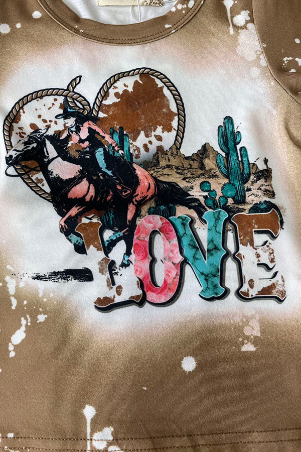 XCH0018-20H LOVE & Riding Printed top & cactus bell bottom western girls sets