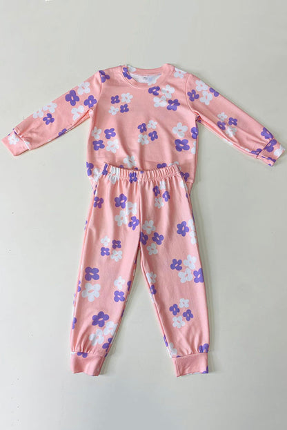 DLH2836 Pink flower prints knitted long sleeve top & pant 2pc girls sets