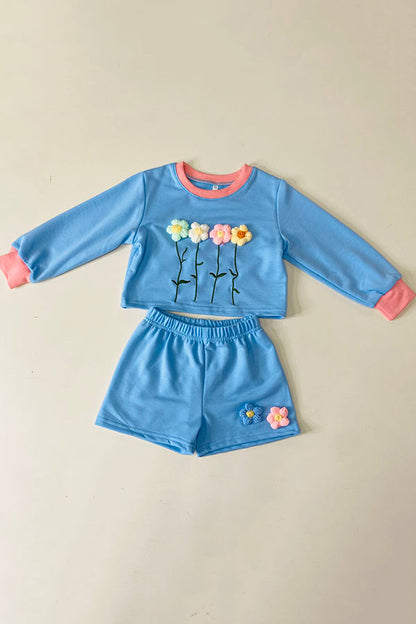 DLH2816 Flower embroidery blue short style pullover sweatshirt & short 2pc girls sets