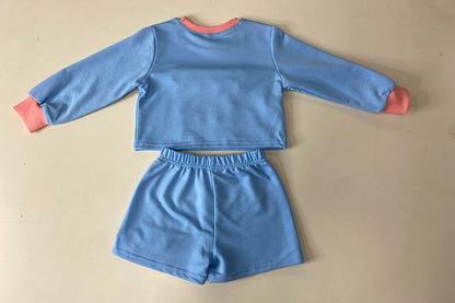 DLH2816 Flower embroidery blue short style pullover sweatshirt & short 2pc girls sets