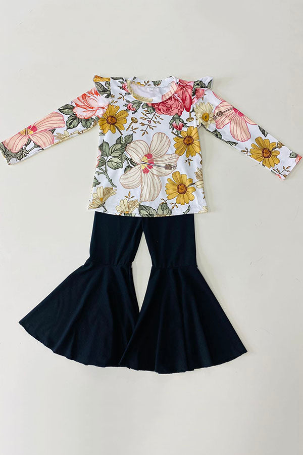 DLH2686 Floral prints ruffle long sleeve top black bell bottom 2pc girls sets