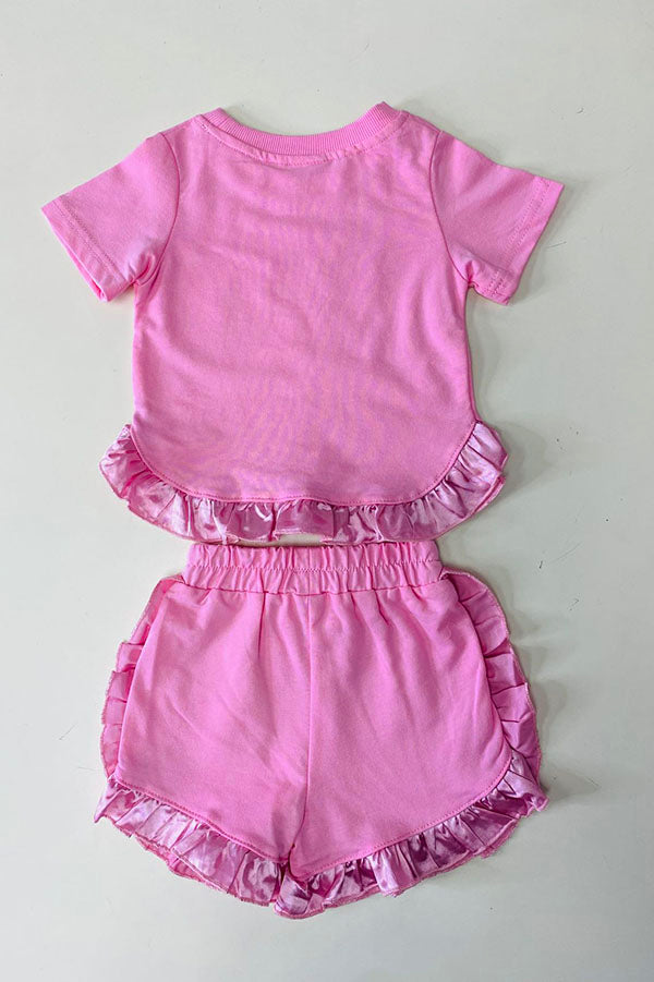 241129M Solid pink short sleeve top & shorts 2pc girls sets