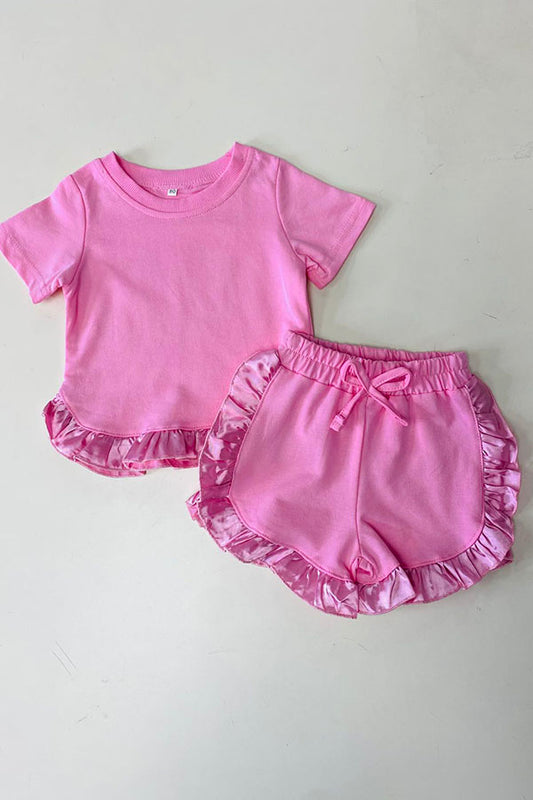 241129M Solid pink short sleeve top & shorts 2pc girls sets