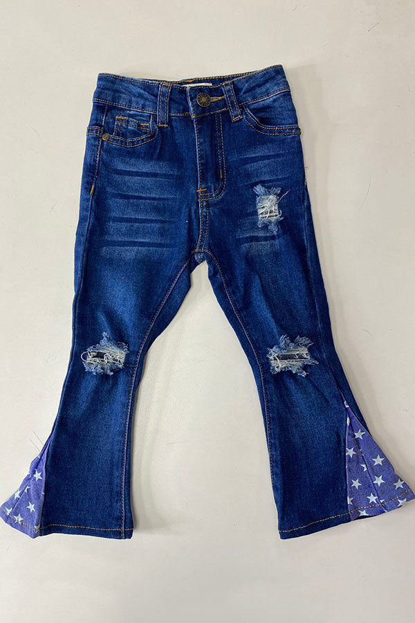 Dark blue distressed denim bell bottoms w/stars SP-C001