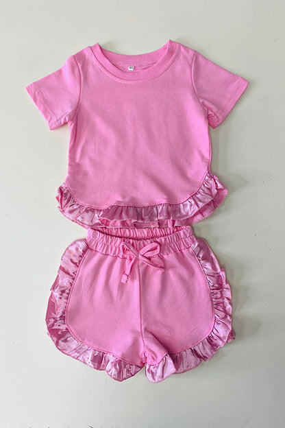 241129M Solid pink short sleeve top & shorts 2pc girls sets