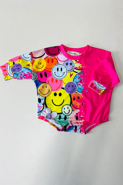 XCH05012 Half smile face & pink long sleeve baby girls onesie