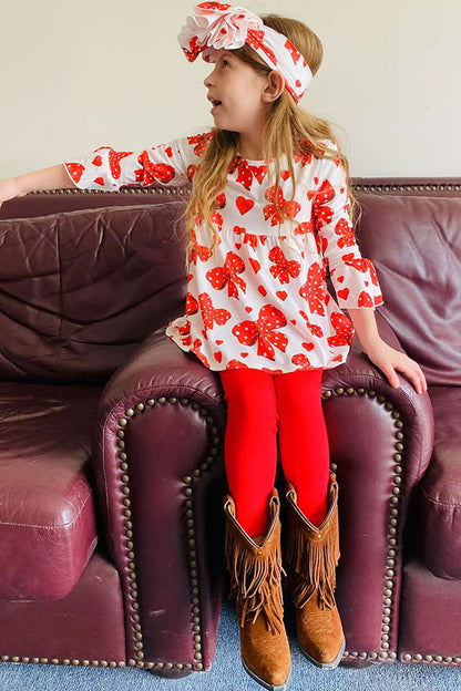 Red hearts & bows printed ruffle sleeve top & legging 3pc girls sets X06001