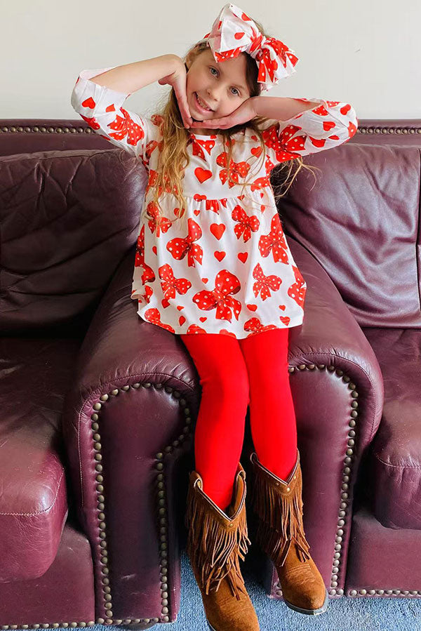 Red hearts & bows printed ruffle sleeve top & legging 3pc girls sets X06001