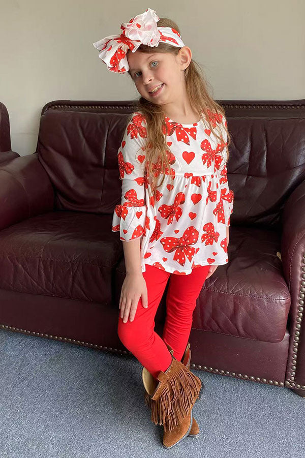 Red hearts & bows printed ruffle sleeve top & legging 3pc girls sets X06001