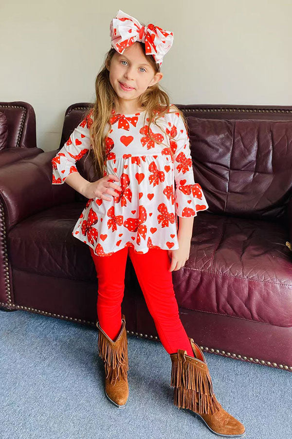Red hearts & bows printed ruffle sleeve top & legging 3pc girls sets X06001