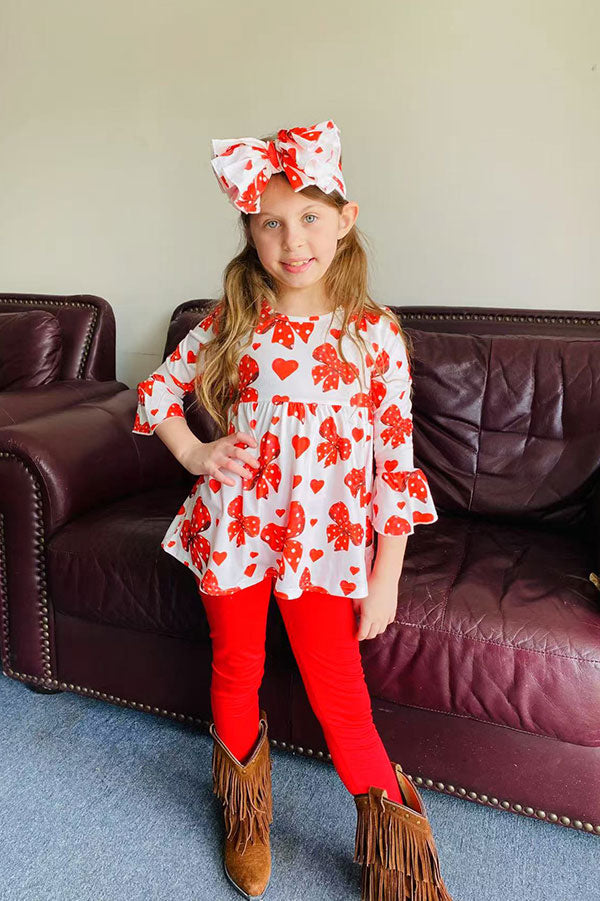 Red hearts & bows printed ruffle sleeve top & legging 3pc girls sets X06001