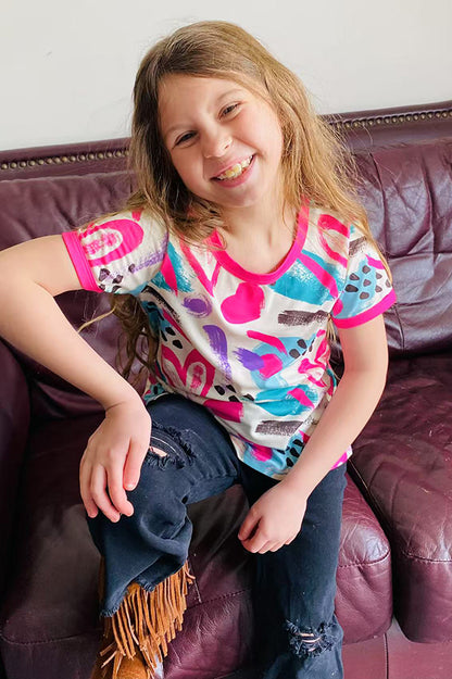 Multi color heart printed short sleeve girls top XCH01010