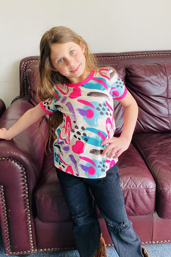 Multi color heart printed short sleeve girls top XCH01010